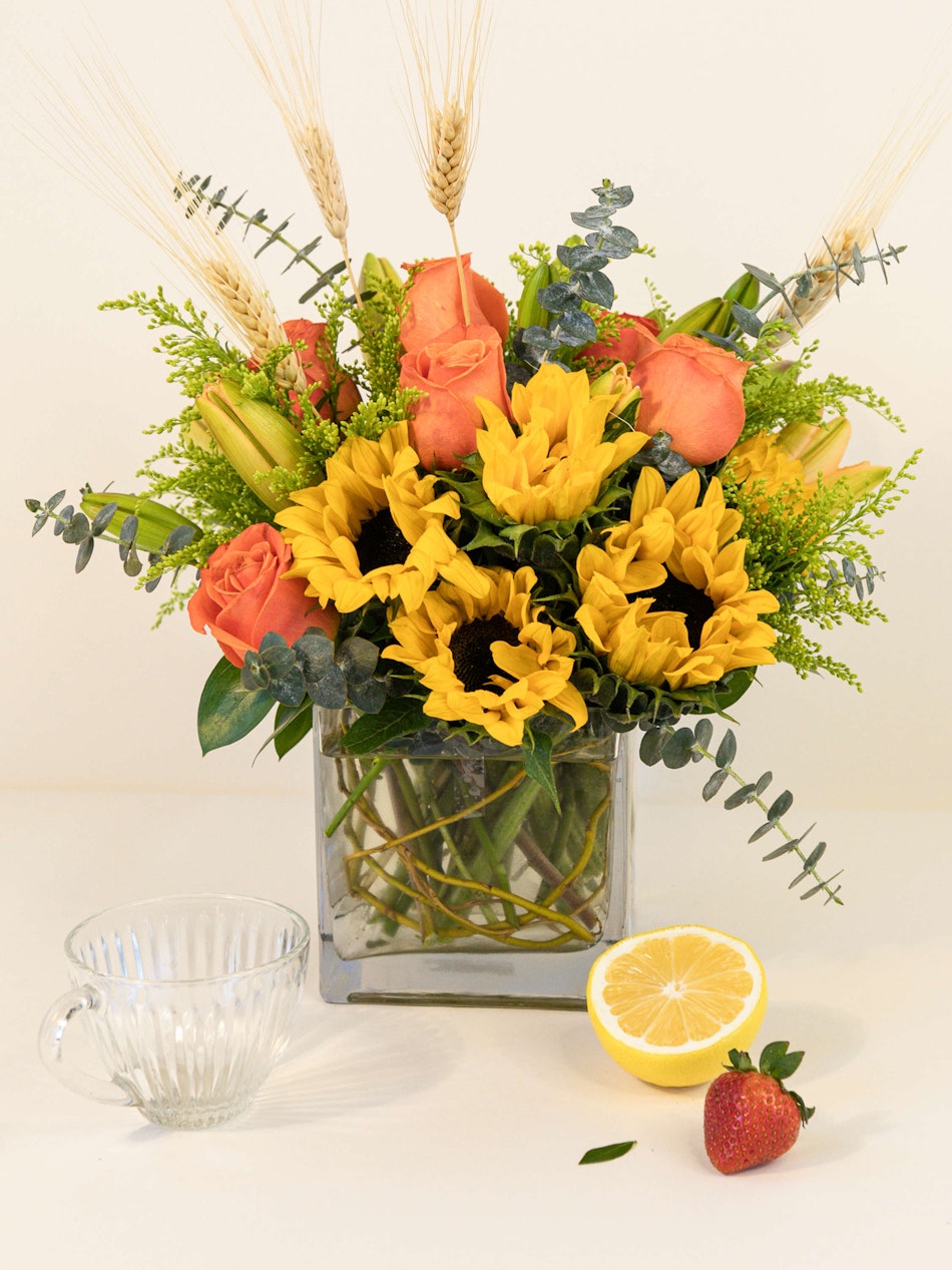 Orange Roses, Lilies & Sunflowers Bouquet - French Florist